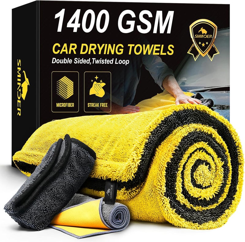 SMINDER 1400 GSM Car Drying Towels – Microfiber Towels for Cars (48" x 24"), Ultra-Absorbent, Streak-Free, Scratch-Free, No Water Spots, Double-Twist Pile & Edgeless Design - Image 1